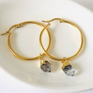 18K GP Stainless Steel Natural Herkimer Stone Charm Hoop Earrings